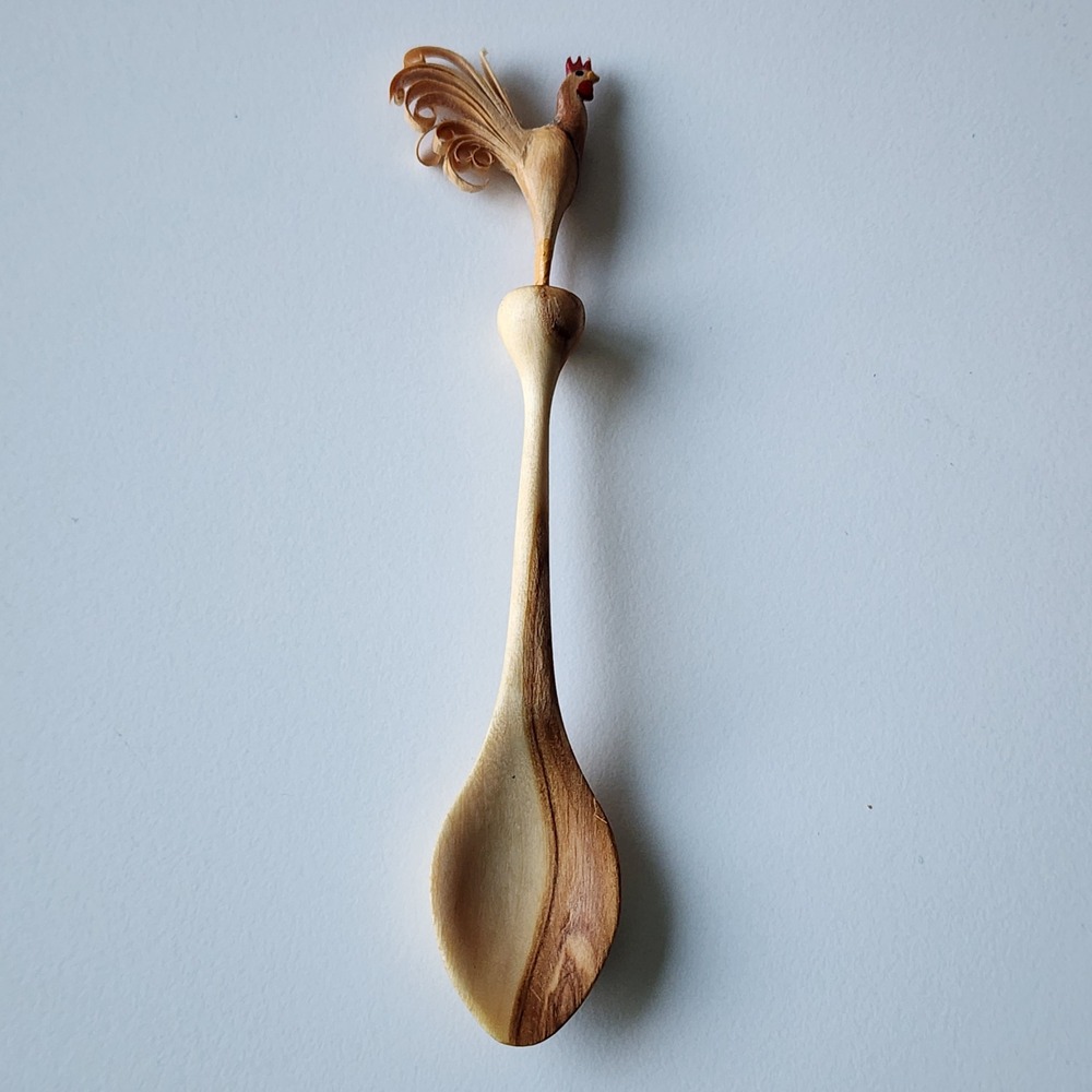 Rooster Wooden Carved Spoon Brown Folk Art Bird Decor Farm Cottagecore Chicken